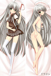 ahoge ass barefoot blush bow breasts checkered checkered_skirt crowbar dakimakura dragon_(dakemakura) feet green_eyes haiyore!_nyaruko-san huge_ahoge long_hair lying multiple_views nipples nyaruko on_back pussy silver_hair skirt smile thighhighs uncensored very_long_hair white_legwear