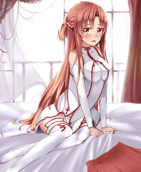 1girls aincrad bare_shoulders blush breasts brown_eyes brown_hair cross cum curtains detached_sleeves female highres knights_of_the_blood kokoro6636 long_hair looking_at_viewer no_shoes saliva sitting skirt skirt_removed solo sword_art_online thighhighs white_legwear window yuuki_asuna