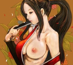 bare_shoulders breast_slip breasts brown_hair fan fatal_fury female female_only human kazaana king_of_fighters large_breasts lips long_hair mai_shiranui nipples off_shoulder one_breast_out ponytail snk solo tied_hair undressing