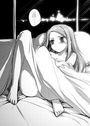 anus barefoot bed bed_sheet blush bolze feet idolmaster long_hair looking_away lying minase_iori monochrome naked_sheet nude on_back pillow pussy pussy_peek solo text toes translation_request