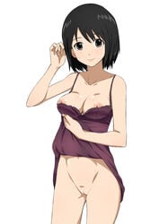 1girls black_hair breasts brown_eyes camisole cleavage dress dress_lift female ichihisa misaki_nakahara mound_of_venus nhk_ni_youkoso! nipples no_panties pussy short_hair smile solo uncensored welcome_to_the_nhk