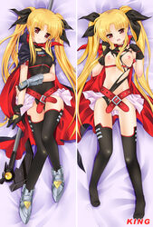 1girls bardiche belt blonde_hair blush boots buckle cape dakimakura fate_testarossa female fingerless_gloves flat_chest gloves king_(dakemakura) long_hair lying lyrical_nanoha mahou_shoujo_lyrical_nanoha multiple_views nipples on_back pussy red_eyes scythe skirt smile solo thighhighs tied_hair torn_clothes twintails uncensored very_long_hair