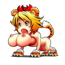 animal_ears ao_usagi blonde_hair breasts brown_eyes fangs female hair_ornament kemonomimi_mode large_breasts multicolored_hair nipples nude open_mouth paws short_hair solo tail tiger_ears tiger_tail toramaru_shou touhou two_tone_hair what white_background