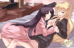 alcohol ass bed black_hair blind blonde_hair blue_eyes blush bottle breast_grab breasts cleavage cup drooling drunk female gebyy-terar hand_on_own_head hangover ikezawa_hanako indoors katawa_shoujo large_breasts long_hair lying messy_hair multiple_girls on_back on_model open_clothes open_mouth open_shirt pajamas purple_hair satou_lilly scar spilling waking_up wavy_hair wine wine_glass wink yuri