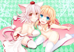 animal_ears ass bare_shoulders blonde_hair blue_eyes blush breasts collarbone detached_sleeves female fur furry_ears furry_tail hat heart hoozuki_shia looking_at_viewer momiji_inubashiri multiple_girls naked_sleeves nipples nude open_mouth pussy red_eyes short_hair silver_hair sitting suwako_moriya tail thighhighs tokin_hat touhou uncensored wariza white_hair white_legwear wide_sleeves wolf_ears wolf_tail