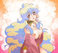 bare_shoulders breasts cum earrings female jewelry long_hair looking_at_viewer multicolored_hair necklace nia_teppelin nipples smile solo tengen_toppa_gurren_lagann very_long_hair yukimitsuki