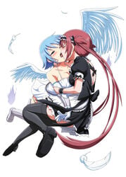 airi_(queen's_blade) angel angel_and_devil angel_wings arm_grab asymmetrical_wings bare_shoulders black_legwear blue_hair blush bow breasts cleavage closed_eyes dress elbow_gloves feathers female forced french_kiss gloves highres kissing long_hair maid maid_headdress multiple_girls nanael queen's_blade red_eyes red_hair saliva seiki_kyushu shirosame short_hair simple_background stealing_lips tears thighhighs tied_hair tongue twintails white_legwear white_wings wince wings yuri