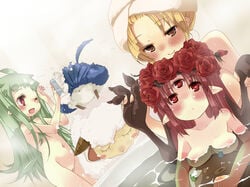 3_eyes amistr amistr_(ragnarok_online) bathing blonde_hair blush breasts brown_eyes dual_persona filir filir_(ragnarok_online) flower green_hair head_wreath lif lif_(ragnarok_online) long_hair multi_eye multiple_girls navel nude one_eye_closed open_mouth pointy_ears pussy ragnarok_online red_eyes red_hair red_rose rose smile towel towel_on_head uncensored vanilmirth vanilmirth_(ragnarok_online) wagiwogi wink