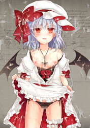 bat_wings black_panties blue_hair blush cross cum cum_on_body cum_on_hair female hat hat_ribbon na_s nazuka_(mikkamisaki) nipples panties red_eyes remilia_scarlet ribbon short_hair side-tie_panties solo thigh_strap touhou underwear wings