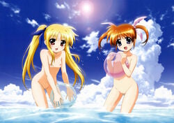 2girls :d absurdres ball blonde_hair blue_eyes blue_sky blush brown_hair cloud collarbone fate_testarossa female flat_chest hair_ribbon highres lens_flare long_hair looking_at_viewer lyrical_nanoha mahou_shoujo_lyrical_nanoha mahou_shoujo_lyrical_nanoha_the_movie_1st maroon_eyes multiple_girls navel nipples nude nude_filter ocean open_mouth outdoors photoshop pussy ribbon short_twintails sky smile takamachi_nanoha tied_hair twintails uncensored undressing wading wallpaper water wide_image