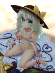 alternate_costume aqua_eyes barefoot female hat heart koishi_komeiji looking_at_viewer miruki nipples one-piece_swimsuit popsicle pussy school_swimsuit see-through sitting solo swimsuit touhou uncensored wariza white_hair white_swimsuit