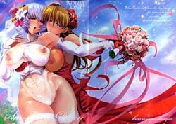 2girls asuka_langley_sohryu blush clothing dress female female_only flower kawaraya_a-ta large_breasts multiple_girls neon_genesis_evangelion rei_ayanami see-through see-through_clothing stockings tagme wedding_dress yuri