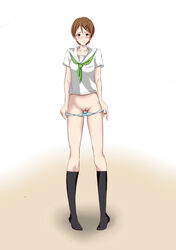 aida_riko blush bottomless brown_hair hair_ornament hairclip highres kuroko_no_basuke marishiten panties panty_pull pussy school_uniform short_hair simple_background socks solo uncensored underwear