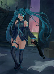 1girls aqua_eyes aqua_hair aqua_nails bare_shoulders between_fingers black_legwear bottomless camera cartridge detached_sleeves grin gun hair_ribbon hatsune_miku headphones highres holding lasterk long_hair looking_at_viewer nail_polish navel necktie no_panties pussy pussy_juice ribbon security_camera shotgun shotgun_shell smile smirk solo stairs thigh_strap thighhighs uncensored vocaloid weapon window