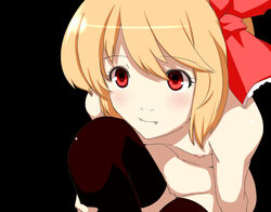 black_legwear blonde_hair dearmybrothers face fangs female flat_chest foreshortening hair_ribbon naked_thighhighs nude pussy red_eyes ribbon rumia short_hair sitting solo the_embodiment_of_scarlet_devil thighhighs touhou youkai