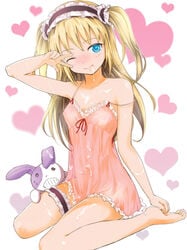 :q babydoll barefoot blonde_hair blue_eyes boku_wa_tomodachi_ga_sukunai bukkake camisole cum cum_on_body cum_on_lower_body cum_on_upper_body facial female frills garter_belt hairband hasegawa_kobato heart kneeling leg_garter long_hair off_shoulder see-through short_twintails simple_background solo stuffed_animal tied_hair tongue twintails v white_background wink