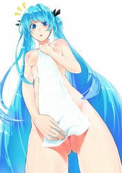 1girls aqua_eyes aqua_hair blush breasts female from_below hand_on_own_chest hatsune_miku long_hair naked_towel nipples nude open_mouth pussy simple_background solo tani_(aki2672) tied_hair towel twintails uncensored very_long_hair vocaloid white_background