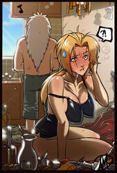 1boy blonde_hair blush bottomless breasts brown_eyes cleavage drunk female ganassa hangover highres huge_breasts jiraiya kitchen lips long_hair naruto no_panties ponytail shirtless shorts slap_mark sweatdrop tied_hair tsunade whistling white_hair