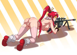 1girls ass boots breasts female female_only fingerless_gloves gloves gun large_breasts long_hair nipples nopeavi orange-tinted_eyewear ponytail pussy red_hair rifle scarf sniper_rifle solo sunglasses tengen_toppa_gurren_lagann thighhighs tied_hair tinted_eyewear uncensored visor weapon yoko_littner