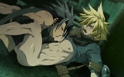 2boys abs armor ass black_gloves black_hair blonde_hair blue_eyes bottomless breast_sucking breasts censored cloud_strife crisis_core_final_fantasy_vii final_fantasy final_fantasy_vii gay gloves hand_over_mouth legs_held_open lying male mazjojo multiple_boys muscle nippleplay nipples on_back outdoors penetration penis saliva set shirt_lift spiked_hair sweat testicles turtleneck uniform wide_eyed yaoi zack_fair