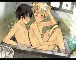 2boys :d animal_ears bare_shoulders bathroom bathtub between_legs black_hair blonde_hair blush cat_ears cat_tail coin_rand faucet femboy gay girly implied_sex male male_only multiple_boys nipples nude one_eye_closed open_mouth original rand_(artist) sex short_hair smile sweat tail water window wink yaoi