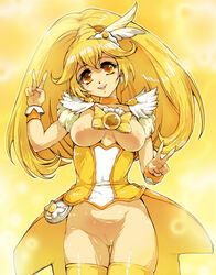 1girls adapted_costume blonde_hair breasts breasts_out casual_exposure clothing cure_peace double_v eyelashes female hisahiko innie_pussy large_breasts long_hair magical_girl medium_breasts nipples ponytail precure pretty_cure pussy revealing_clothes smile_precure solo stockings thighhighs tied_hair uncensored v yayoi_kise yellow yellow_background yellow_eyes yellow_legwear yellow_theme