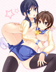 ass asymmetrical_docking ayumi_shinozaki black_legwear black_thighhighs blue_eyes blue_hair blush bottomless breast_press breasts breasts_out brown_eyes brown_hair censored corpse_party female flat_chest footwear hand_on_hip highres kneeling large_breasts leg_hold long_hair lying mound_of_venus multiple_girls nakashima_naomi naomi_nakashima navel nipples no_bra no_panties nude open_mouth pussy school_uniform shinozaki_ayumi shirt shirt_lift short_hair skirt skirt_down skirt_pull small_breasts socks thighhighs tied_hair twintails white_legwear white_socks yukishiro365 yukishiro_(s_kiss) yuri