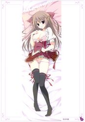 1girls absurdres ahoge bra bra_pull breasts brown_hair copyright_request dakimakura female hair_ornament hairclip highres inugami_kira nipples panties panty_pull pillow purple_eyes pussy_peek skirt skirt_lift solo thighhighs underwear