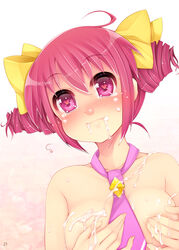 1girls blush bow breasts covering covering_breasts cum face female hairbow heart heart-shaped_pupils hoshizora_miyuki medium_breasts naked_necktie pink_eyes pink_hair precure pretty_cure serizawa_mutsuki short_hair short_twintails smile smile_precure solo suggestive_fluid symbol-shaped_pupils tears tied_hair topless twintails white_background