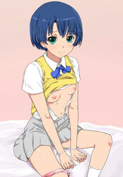 1girls ano_natsu_de_matteru aqua_eyes bangs bed blue_hair breasts breasts_out clothing cuffs female green_eyes grey_skirt handcuffs ichihisa looking_at_viewer nipples open_clothes open_shirt panties panties_around_leg panties_around_one_leg pink_panties pussy school_uniform shirt shirt_lift short_hair sitting skirt small_breasts solo tanigawa_kanna underwear vest white_shirt yellow_vest