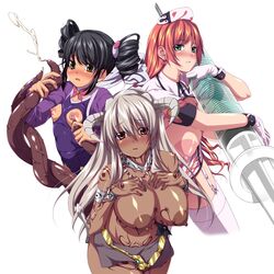 3girls aqua_eyes areolae artist_request belt black_hair blush breast_licking breastless_clothes breasts butterfly character_request collar cuffs cum dark_nipples dark_skin drill_hair enema erect_nipples flower gloves hands_on_breasts hat highres horarezonu horns large_areolae large_breasts licking long_hair miniskirt multiple_girls nipples open_mouth orange_hair red_eyes skirt small_breasts source_request syringe tattoo tentacle thighhighs tied_hair twintails white_hair wrist_cuffs yellow_eyes yousei_ranbu