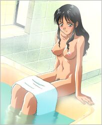 1girls arm_support bangs bath bathtub black_hair blush border breasts bush feet_in_water female green_eyes indoors kubo_naoko long_hair looking_at_viewer lowres lyceen navel nipples nude official_art parted_bangs payot pubic_hair seductive_smile sitting slender_waist smile soaking_feet solo steam tan tile_wall tiles towel unshaved_pussy wading water wide_hips window yamada_masaki zenkoku_seifuku_bishoujo_grand_prix