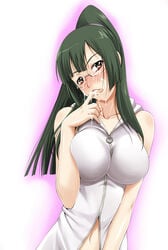 blush breasts cum glasses green_hair large_breasts nichi_keito ponytail star_driver tied_hair