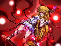 bit_gag bow chains cuffs female gag gagged glowing glowing_eyes grin hair_over_one_eye hairbow horn_ribbon horns long_hair muscle nipples orange_hair panties pussy red_eyes red_panties ribbon sako_(bosscoffee) see-through shackle shackles smile solo suika_ibuki touhou uncensored underwear very_long_hair wet wrist_cuffs