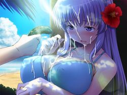 beach bikini blue_bikini blue_eyes blue_hair blush breasts bukkake character_request cloud collar_bone collarbone cum eika_izumi female flower game_cg hair_flower hair_ornament huge_breasts large_breasts lens_flare light long_hair ocean purple_eyes purple_hair sand sea sky source_request sunbeam sunlight sutadoru! swimsuit yukirin