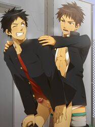 2boys anal black_eyes black_hair brown_eyes brown_hair clothes_on erection gakuran gay human male mouth multiple_boys open open_clothes outdoors pants_down penis red_shirt resfrio school school_uniform sex standing student uncensored yaoi