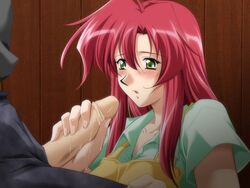 apron blush game_cg green_eyes handjob kawamori_keiko penis precum red_hair sweat tsuki_possession uncensored yamane_masahiro zyx