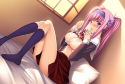 1girls blue_eyes blush bra breasts cum cum_on_body cum_on_breasts cum_on_glasses cum_on_upper_body feet female hairband kneehighs large_breasts legs long_hair looking_at_viewer mikamin no_shoes open_mouth original perky_breasts pink_hair shiny shiny_skin shirt_lift sitting skirt solo underwear unfastened