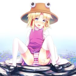 blonde_hair blue_eyes female hat inuga_anahoru mary_janes mochisuke_teru open_mouth panties pussy_juice shoes sitting solo spread_legs striped striped_panties suwako_moriya thighhighs touhou underwear wet_panties