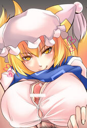 blonde_hair breasts bursting_breasts censored covered_nipples erect_nipples female fur hat heart large_breasts licking_lips male male_pubic_hair naughty_face paizuri paizuri_under_clothes penis penis_under_clothes pubic_hair ran_yakumo short_hair solo_focus straight takamoto_akisa tongue touhou yellow_eyes