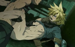 2boys abs anal armor black_gloves black_hair blonde_hair blue_eyes bottomless censored clenched_teeth cloud_strife crisis_core_final_fantasy_vii erection final_fantasy final_fantasy_vii gay gloves lying male mazjojo multiple_boys muscle nipple_rub nippleplay nipples on_back outdoors penetration penis set sex shirt_lift spiked_hair sweat turtleneck uniform unzipped yaoi zack_fair