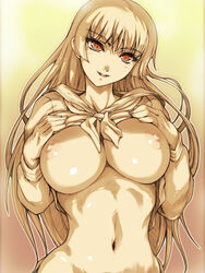 1girls blonde_hair breasts breasts_out eyebrows_visible_through_hair female female_only ghost hime_cut hisahiko kanoe_yuuko large_breasts long_hair looking_back monochrome navel nipples no_bra no_panties open_mouth original red_eyes school_uniform sepia serafuku shiny shiny_skin shirt_lift simple_background solo spot_color tasogare_otome_x_amnesia top_lift tsurime upper_body