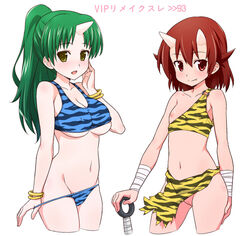 bandage bandages bra bracelet breasts cleavage copyright_request covered_nipples cute_fang erect_nipples flat_chest green_eyes green_hair horns itoji jewelry lingerie loincloth long_hair mound_of_venus multiple_girls navel nipples oni panties panty_pull ponytail print_bra print_panties pussy red_and_blue_oni red_eyes red_hair short_hair tied_hair tiger_print underboob underwear