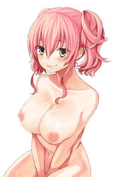 1girls :p blush breasts cum cum_in_mouth cum_on_body cum_on_breasts cum_on_tongue cum_on_upper_body facial female green_eyes huge_breasts midorikawa_you navel nipples nude open_mouth original pink_hair short_hair short_twintails simple_background sitting smile solo tied_hair tongue tongue_out twintails white_background