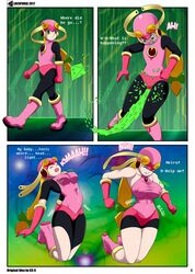 1girls 2017 age_progression ass ass_expansion big_ass big_breasts bodysuit breast_expansion breast_growth breasts cleavage clothing comic english_text erect_nipples female female_only growth human locofuria mega_man mega_man_battle_network mega_man_nt_warrior nipples page_1 page_number roll.exe text thick_thighs voluptuous wide_hips