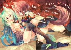 animal_ears aqua_hair black_legwear blue_hair boots breasts female hand_on_another's_face heart long_hair mamuru multicolored_hair multiple_girls nipples original original_characters panties pleated_skirt profile purple_eyes pussy_juice pussy_juice_stain red_hair saliva short_hair sitting skirt tail thighhighs underwear undressing wet_panties wolf_ears wolfgirl yuri