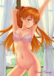 acrylic_paint_(medium) arm_up armpits asuka_langley_sohryu blue_eyes bottomless bra contrapposto evangelion:_2.0_you_can_(not)_advance female female_only hair_ornament hand_behind_head hips human lingerie long_hair navel neon_genesis_evangelion no_panties orange_hair pussy rebuild_of_evangelion sarah_sauge shikinami_asuka_langley smile solo traditional_media uncensored underwear