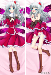 bare_shoulders blue_eyes blush boots breasts dakimakura dragon_(dakemakura) dress female frills goddess hair_bobbles hair_ornament knee_boots lying multiple_views mystic_square nipples off_shoulder on_back pussy shinki shinki_(touhou) short_hair side_ponytail silver_hair smile solo touhou touhou_(pc-98) uncensored wings