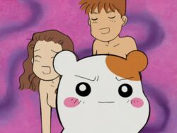 1boy 1girls animated animated_gif blush blush_stickers breasts brown_hair censored convenient_censoring convenient_head couple doggy_style doggy_syle ebichu female hamster hamtaro_(series) happy_sex humor looking_at_viewer lowres open_mouth oruchuban_ebichu sex