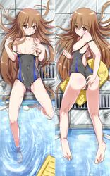 anus ass barefoot blush breasts brown_eyes brown_hair cameltoe chunyan competition_swimsuit covered_navel dakimakura drain_(object) feet flat_chest hair_spread_out kickboard long_hair looking_at_viewer lying multiple_views nipples on_back on_stomach one-piece_swimsuit ookami-san ookami_ryouko petite pool_ladder poolside pussy ripples soles spread_legs swimsuit swimsuit_aside thighs toes uncensored water wet